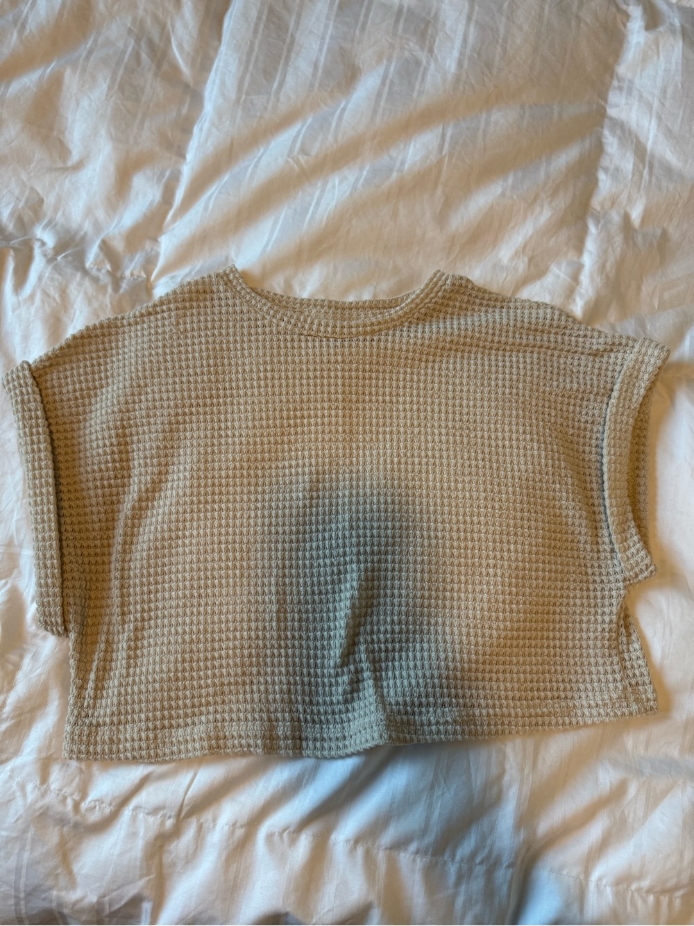 Beige Waffle Knit Cropped Short Sleeve Top